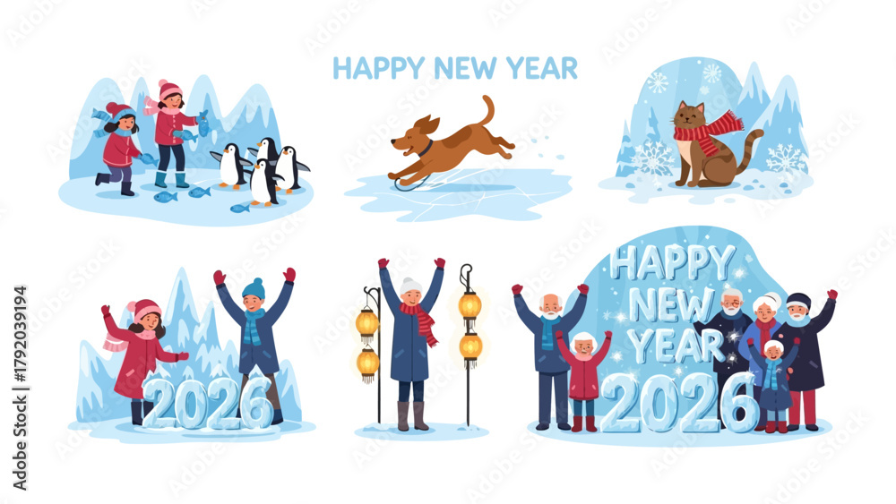 Fototapeta premium Happy New Year Scenes: Celebrating the fresh start and new beginnings in 2026, various illustrations captures the warmth and cheer of this time.