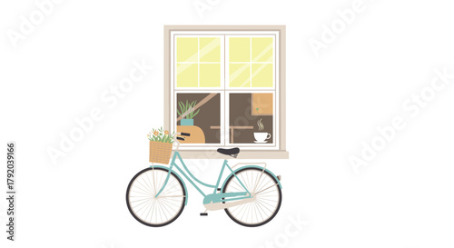 Charming bicycle with flower basket awaits outside a cozy window with a steaming cup of coffee inside