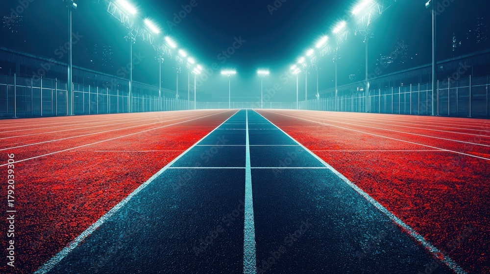 Naklejka premium Empty track & field illuminated at night, rows of bright lights above