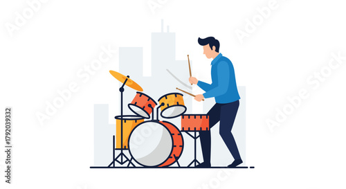 Energetic musician passionately plays vibrant drum set creating powerful rhythm in urban setting