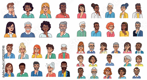 Diverse people thinking headshot collection