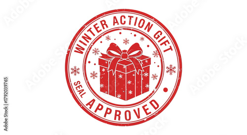 Red oval stamp with winter action gift seal approved text and festive present illustration