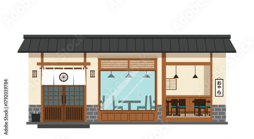 Charming traditional Japanese restaurant facade with warm interior lighting and inviting seating areas ready for customers