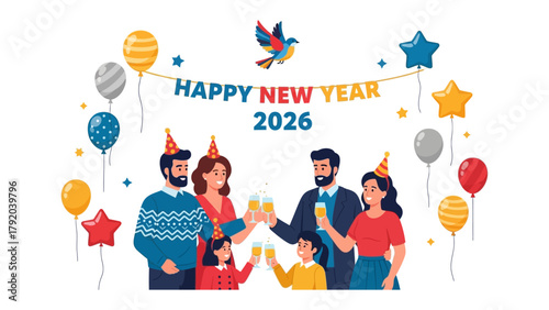 New Year Family Celebration: A family gathers to celebrate the new year, toasting with champagne flutes and enjoying festive decorations and balloons in vibrant colors. 