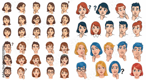 Pensive people faces with questioning expressions