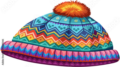 Very beautiful colorful knitted winter hat with soft wool texture and playful pompom, isolated on white background, featuring cozy stitches, bright patterns, and warm handcrafted details perfect for 