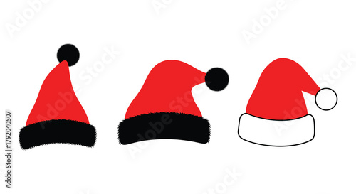 Three red santa hats with black trim and pompoms on a white background