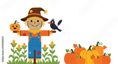 Joyful scarecrow with friendly crow and abundant pumpkins celebrates bountiful autumn harvest in a vibrant field setting