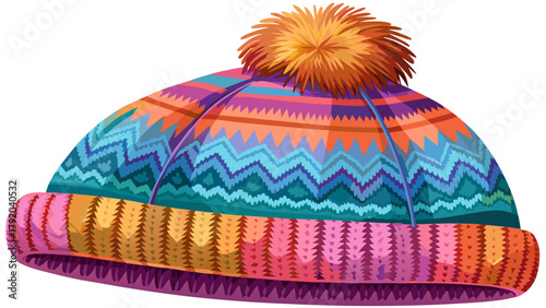 Very beautiful colorful knitted winter hat with soft wool texture and playful pompom, isolated on white background, featuring cozy stitches, bright patterns, and warm handcrafted details perfect for 