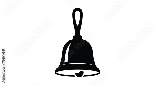 Simple black silhouette of a handheld bell with a loop handle and clapper isolated on white background
