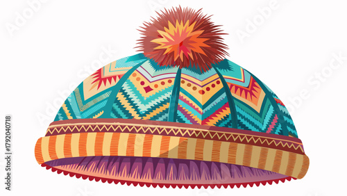Very beautiful colorful knitted winter hat with soft wool texture and playful pompom, isolated on white background, featuring cozy stitches, bright patterns, and warm handcrafted details perfect for 