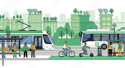 Illustration of a sustainable urban transportation system featuring a tram, bus, bicycles, and electric scooters alongside green buildings with solar panels.