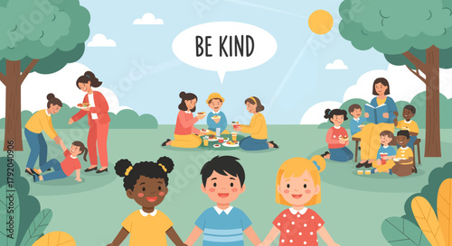 Children of diverse backgrounds enjoying a sunny day outdoors, playing and learning together in a park setting.