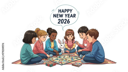 New Year Gathering: A circle of children celebrate the arrival of the new year, playing a board game together, filled with joy, and anticipation of the year 2026. 
