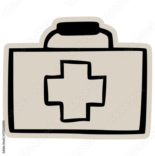 Hand Drawn Scrapbook Doodle First Aid Kit Icon Sticker: Minimalist Vector Illustration of Medical Box for Health, Emergency, Safety, and Healthcare Design