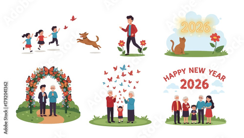 Happy New Year Family: A compilation of heartwarming scenes, depicting the joy of family moments, including children with birds and a new year greeting.
