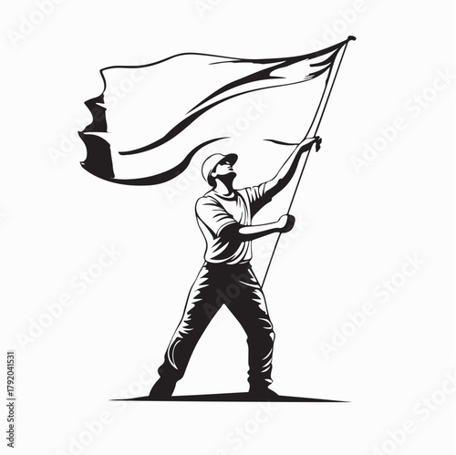 Man Standing Waving Large Flag Vector Illustration on white background
