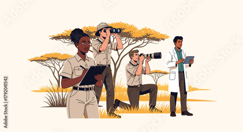 Dedicated scientists and researchers observing wildlife in savanna, documenting findings for conservation and discovery