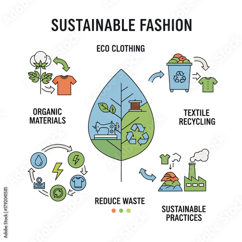 Sustainable fashion infographic illustrating eco-friendly clothing concepts like organic materials, textile recycling, and reducing waste.