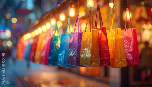 A row of vibrantly colored shopping bags, lit by warm overhead bulbs, hangs in a blurred commercial setting. Focus is on the colorful bags