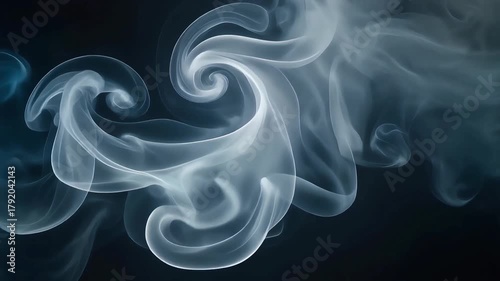 Mystical blue and white smoke billows in elegant, flowing patterns, creating a mesmerizing abstract design