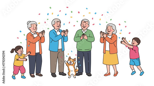 Family Fun and Celebration: An illustration captures the joyous moment of a family gathering, filled with confetti, laughter, and a playful canine companion. It reflects happiness and togetherness.
