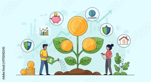 Illustration of a couple nurturing a money plant, symbolizing financial growth, investment, savings, and wealth management.