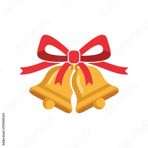 Golden christmas bells with red ribbon bow decoration isolated on white background, Vector