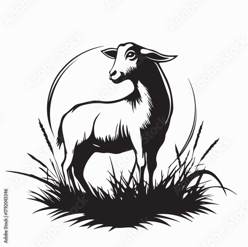 Silhouette of Goat in Grass Field Vector Illustration on white background