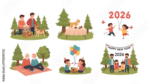 Family Celebration Set: A heartwarming compilation of family moments, capturing diverse celebrations, picnic gatherings, and festive joy under the open sky.