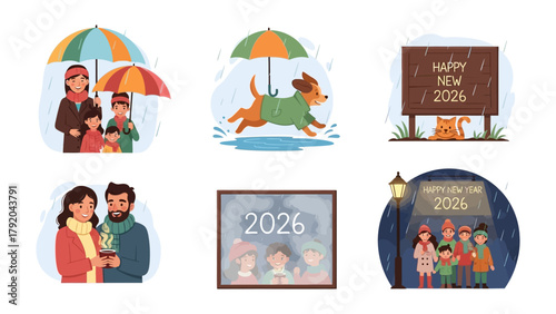 New Year Celebration in Rainy Weather: A collection of illustrations depicting families and pets enjoying the rain, with a cheerful Happy New Year 2026 theme.