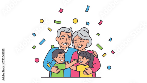 Family bond: A heartwarming illustration of a family celebrating togetherness, embracing and surrounded by floating confetti, symbolizing happiness.