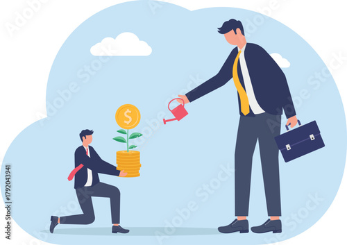 concept of businessman investor's hand holds a money flower growing from a pile coins
