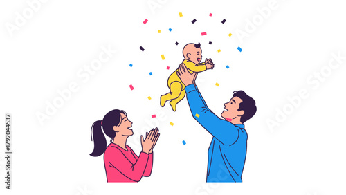 Family's joy: A loving father throws his baby into the air, while the mother claps with joy and confetti falling around them, celebration of parenthood and familial love