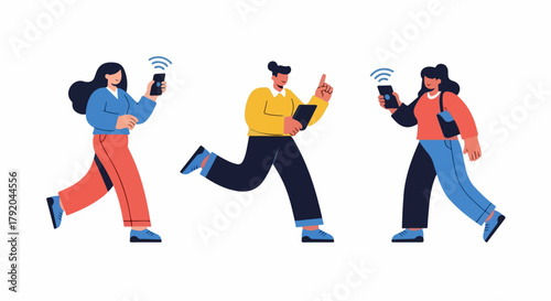 People using phones while walking with wifi signal