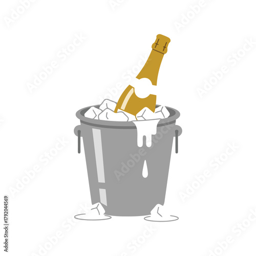 Champagne bottle in ice bucket with melting ice cubes and water drops illustration isolated on white background, Vector
