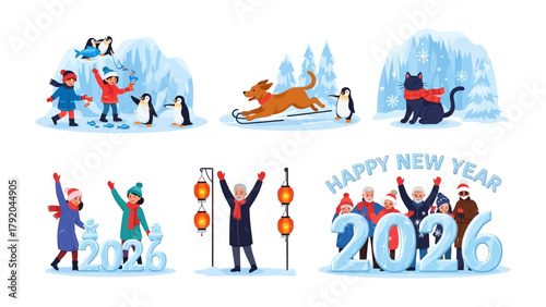 Happy New Year Illustrations: A vibrant collection of illustrations capturing the joy of the new year, featuring scenes of celebration and winter activities.