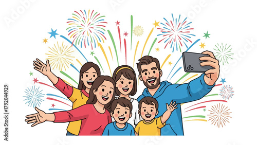 Family Selfie with Fireworks: Capturing a joyful family moment, a group gathers to snap a selfie, framed against a backdrop of vibrant fireworks. It's a celebration of togetherness, happiness.