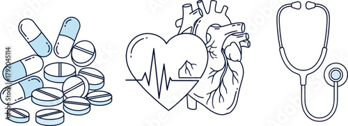 Illustration depicting heart health with pills, heart with heartbeat line, anatomical heart, and stethoscope.