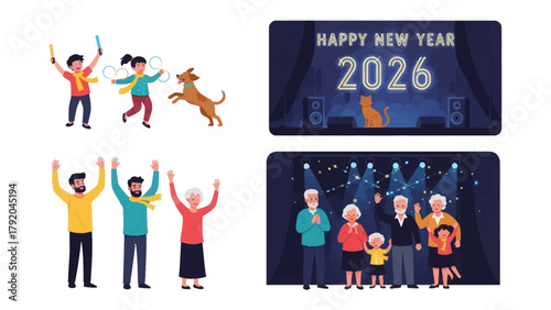 New Year's Celebration: Joyful groups of people come together to usher in the new year, filled with hope and excitement, celebrating the start of 2026. 