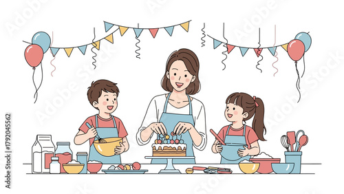 Baking Family: a mother and two children creating joy with a baking project. This illustration shows a loving family, building happiness through this delightful culinary activity.