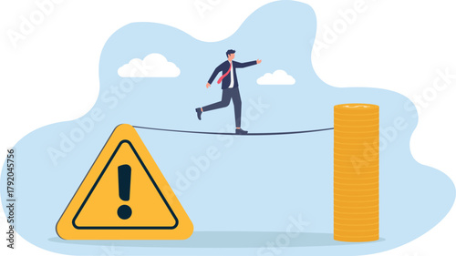 concept of Businessman investor plunges from precarious stack of coins

