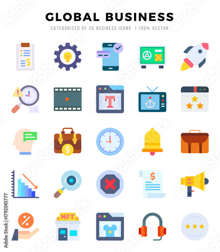 Vector Global Business types icon set in Flat style. vector illustration.