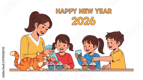 Baking Bliss: A family finds joy in the new year by decorating cupcakes, creating delightful treats for 2026. This festive moment captures the spirit of togetherness, smiles and happy times.