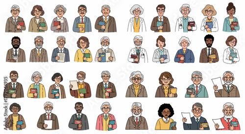 Group of diverse elderly people with books and documents