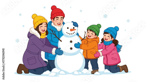 Family's Festive Frolic: a family joyfully building a snowman, a cheerful and heart warming portrayal of wintertime bliss and familial unity.