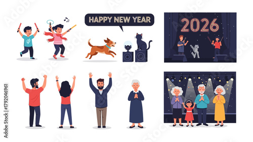 New Year's Celebration: Colorful Illustration of Festive Moments, showcasing a vibrant array of people, pets, and symbolic elements, all geared towards the upcoming new year.