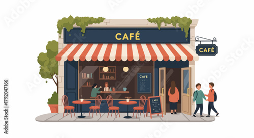 Cozy cafe exterior with people and outdoor seating