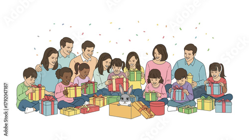 Unveiling Joy: Families Gather to Unwrap Presents: A heartwarming scene unfolds as a gathering of diverse families joyfully unwrap colorful gifts, sharing the spirit of togetherness and celebration.