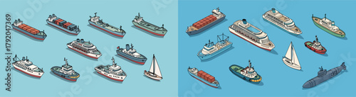 Various ships and boats collection on blue water